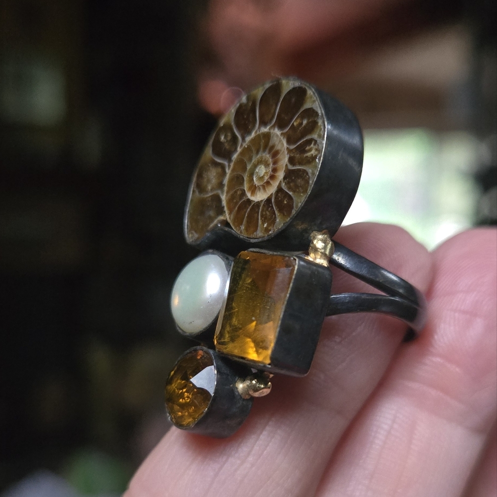 Ammonite Fossil pearl & citrine gemstone sterling & gold Ring sz8.5 - Picture 7 of 11